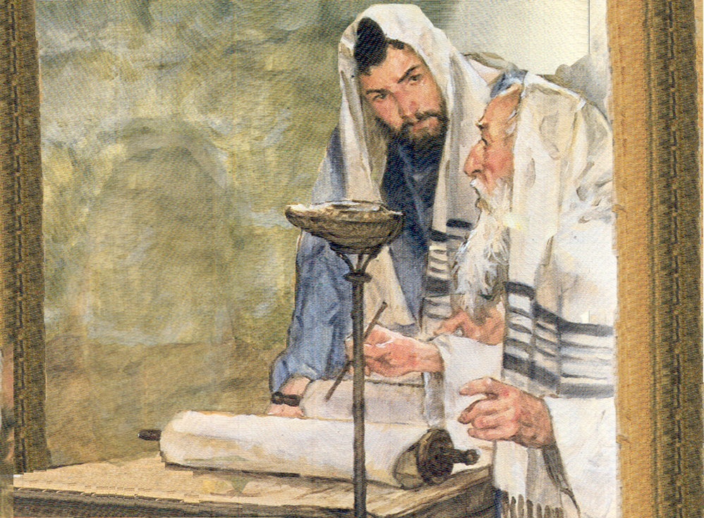 artwork of a Jew in ancient times intensely watching an older man sitting at a scroll who's looking surprised as he's about to write