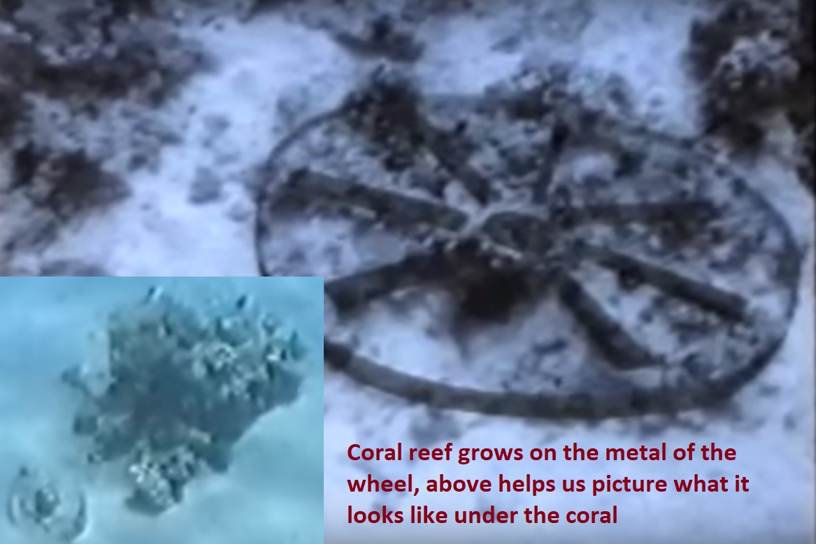 a picture of a wheel in the sea with coral growing around it and another picture of it more at a distance