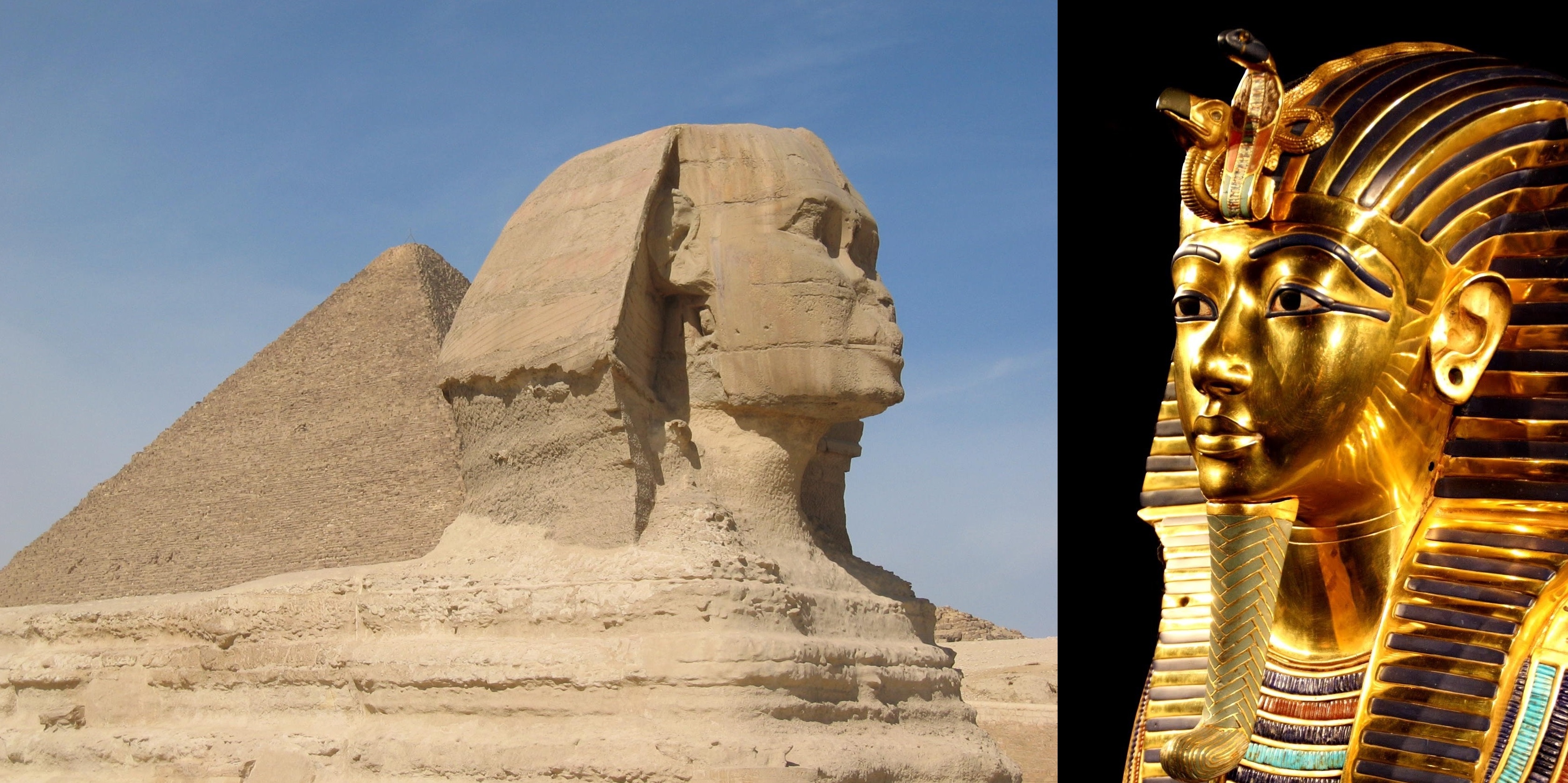 a golden Egyptian mummy beside another picture of a sphinx and a pyramid