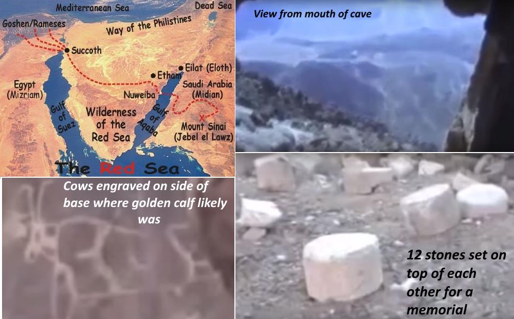 a map of the Israelites journey from Egypt with 3 pictures viewing from cave, an engraved cow and stones for a memorial pillar