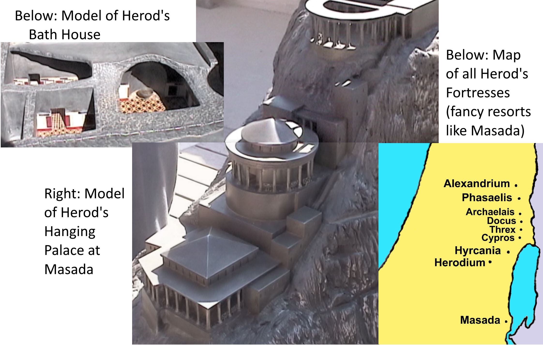 models of Masada fortress and map of Herods fortresses