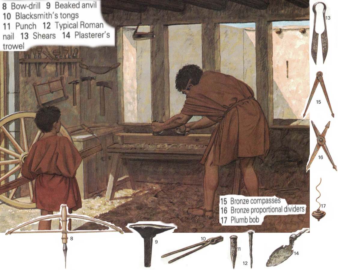 artwork of carpenter and boy in ancient attire with ancient tools