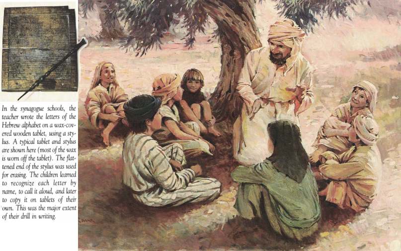 artwork of Jewish boys and rabbi teaching under tree and a wax tablet to write on