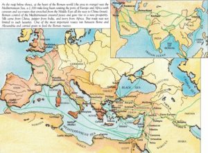 Ancient world map with main travel trade routes from Britain to China