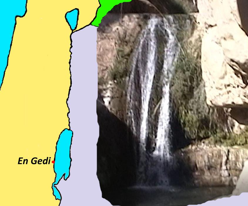 map of Israel with En Gedi and picture of water falls