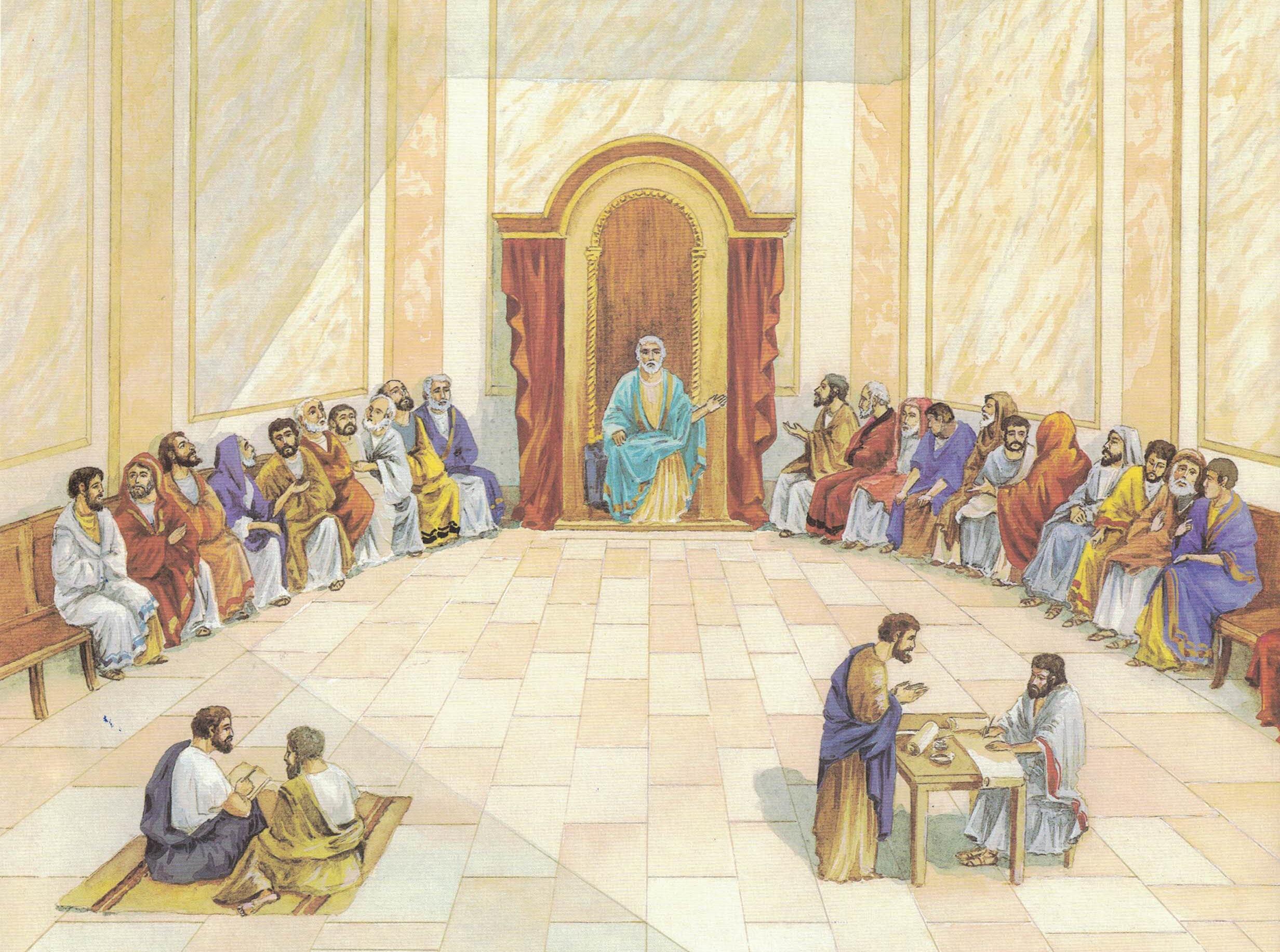 artwork of numerous men sitting in a semi circle with a table in front of them and a couple of men sitting at it