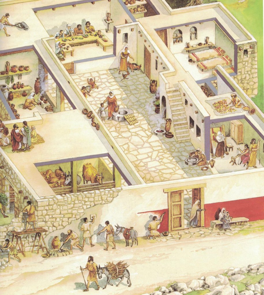 artwork of an ancient Jewish home and all types of work done there