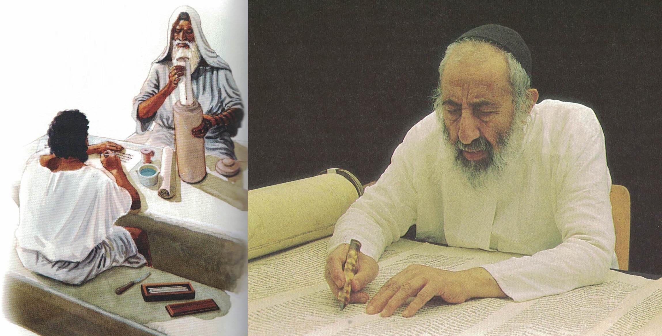 artwork of 2 scribes working with scrolls and a picture of modern Jew writing on a scroll