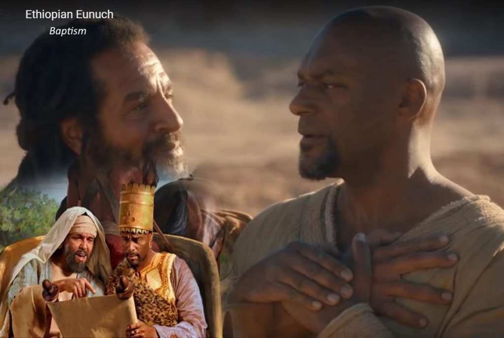 A picture of 2 men about to baptize with inset 2 men reading from a scroll