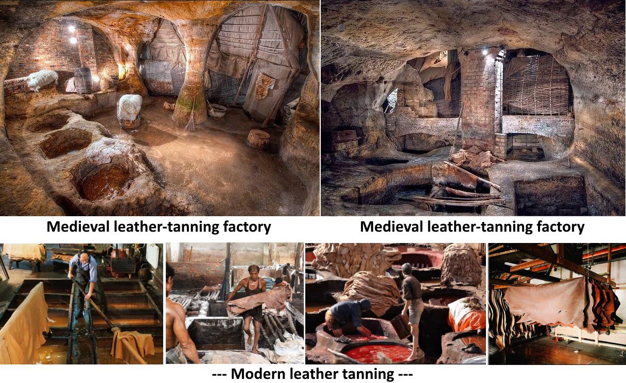 two pictures of rooms carved in stone called medieval leather-tanning factories and four pictures of modern tanning methods being used