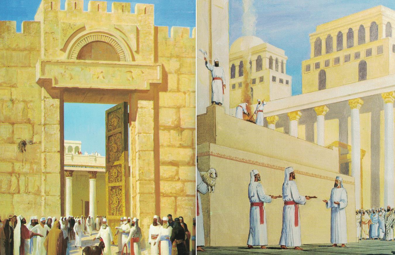 2 artwork pictures of priests in front of huge doors and alter at Temple with sacrifices