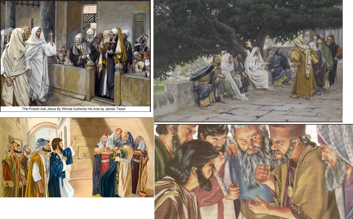 three artwork pictures of Jesus speaking with Pharisees and one picture of the Pharisees conspiring among themselves
