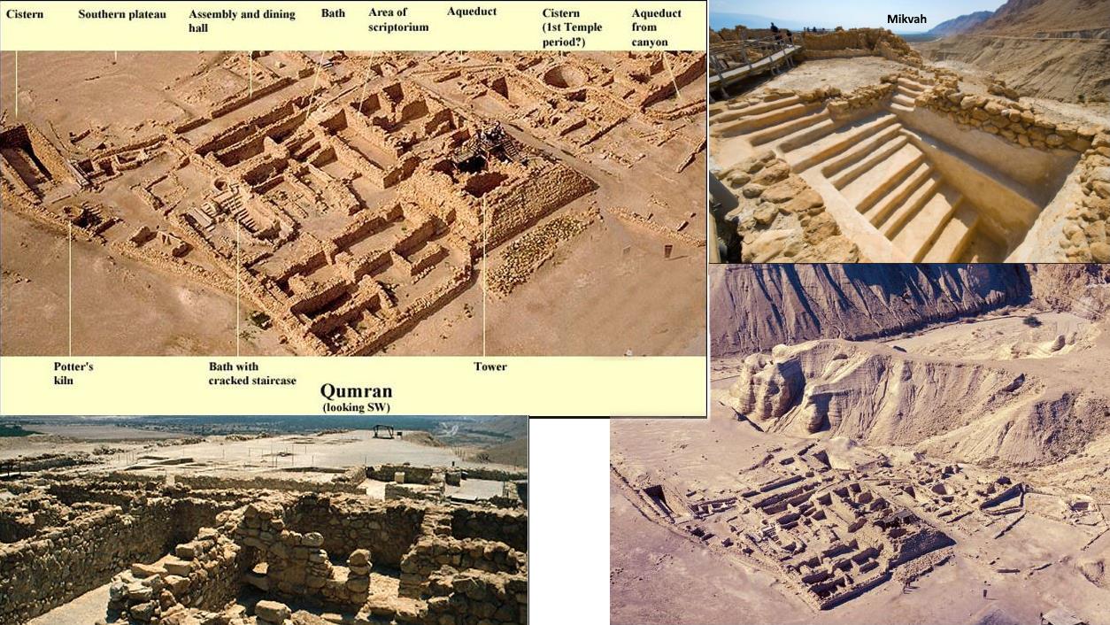two birds eyeview shots of Qumran a close up of excavations and a mikvah