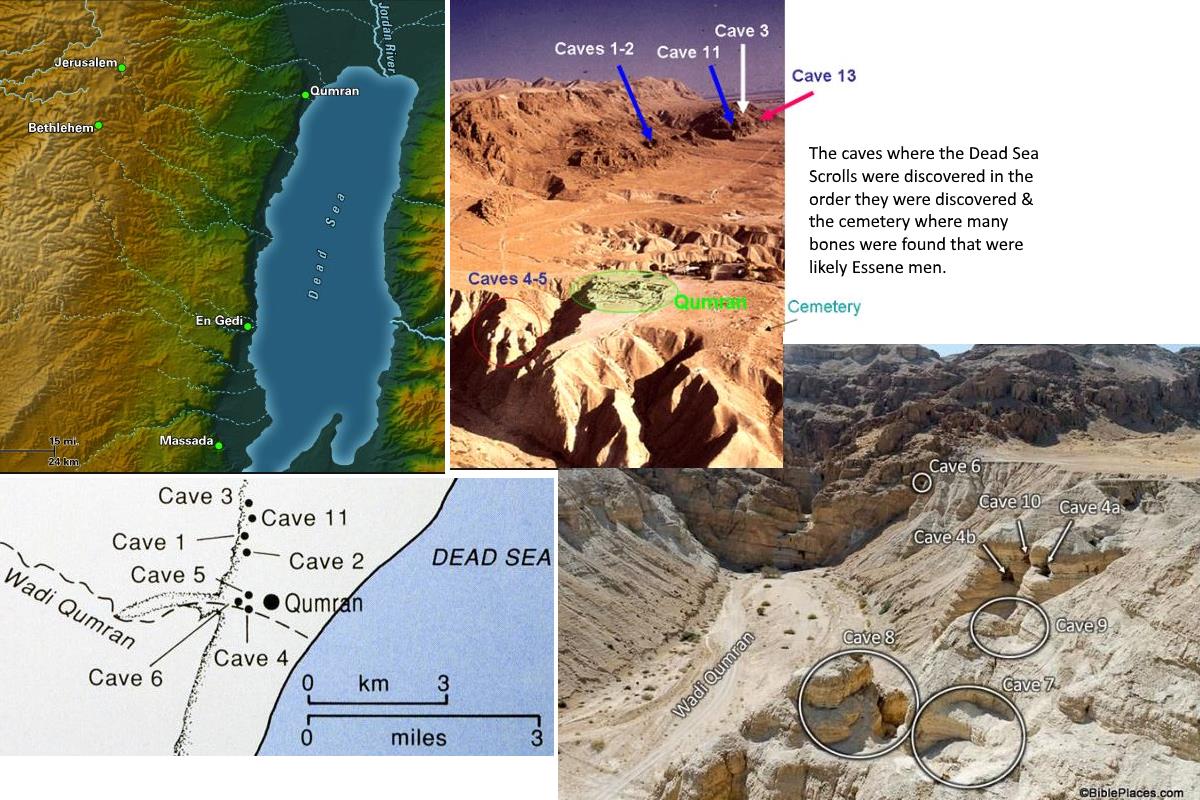 two maps of where Qumran was in Israel and the caves where scrolls were found plus two pictures of the caves