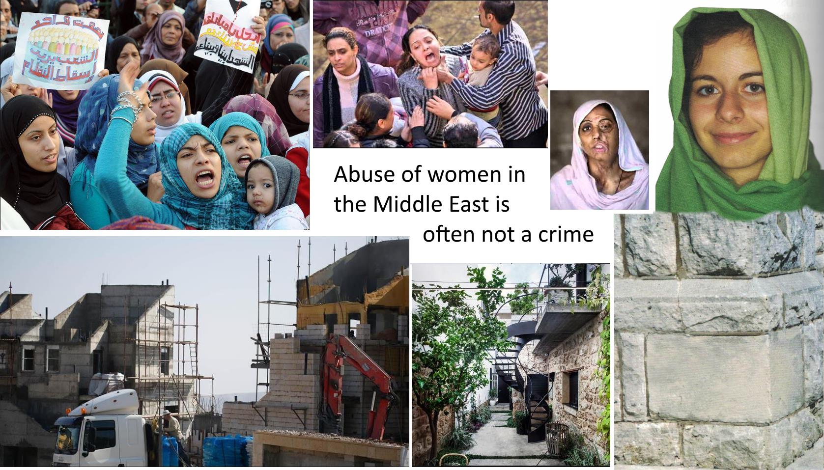 a collage of pictures of middle eastern women protesting, being abused and smiling, of stone homes and a cornerstone