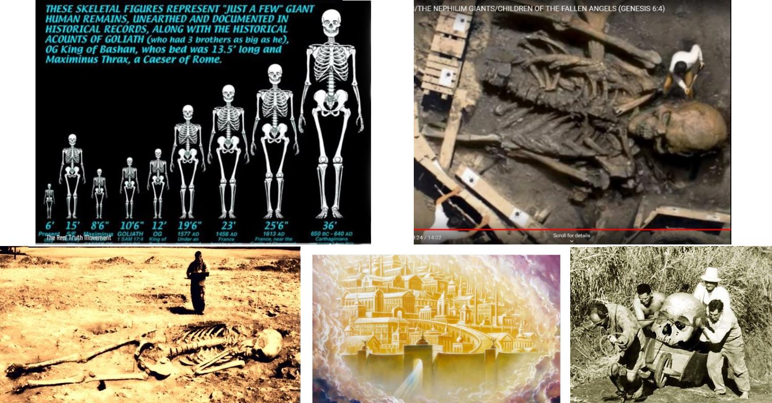 pictures of giant skeltons with small men digging them up a chart showing the sizes of men discovered getting up to 36 feet high 