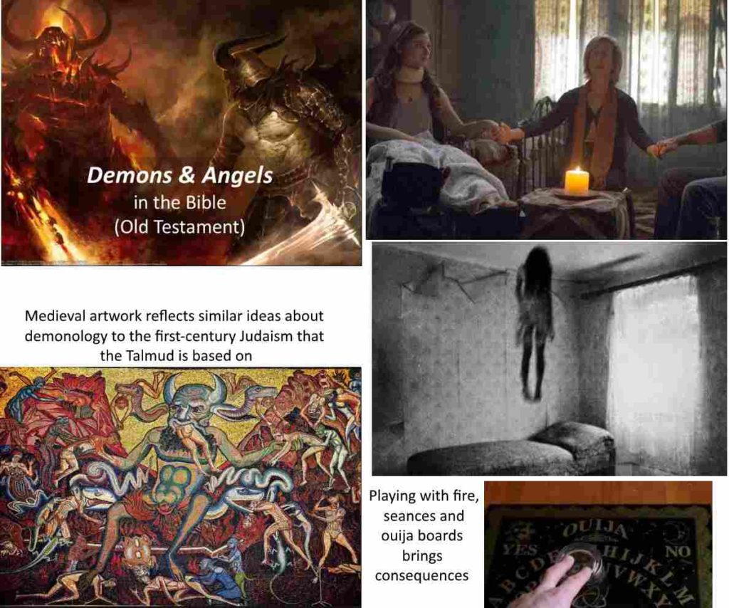 two artwork pictures of angels and demons or people and pictures of a seance, ouija board and levitation