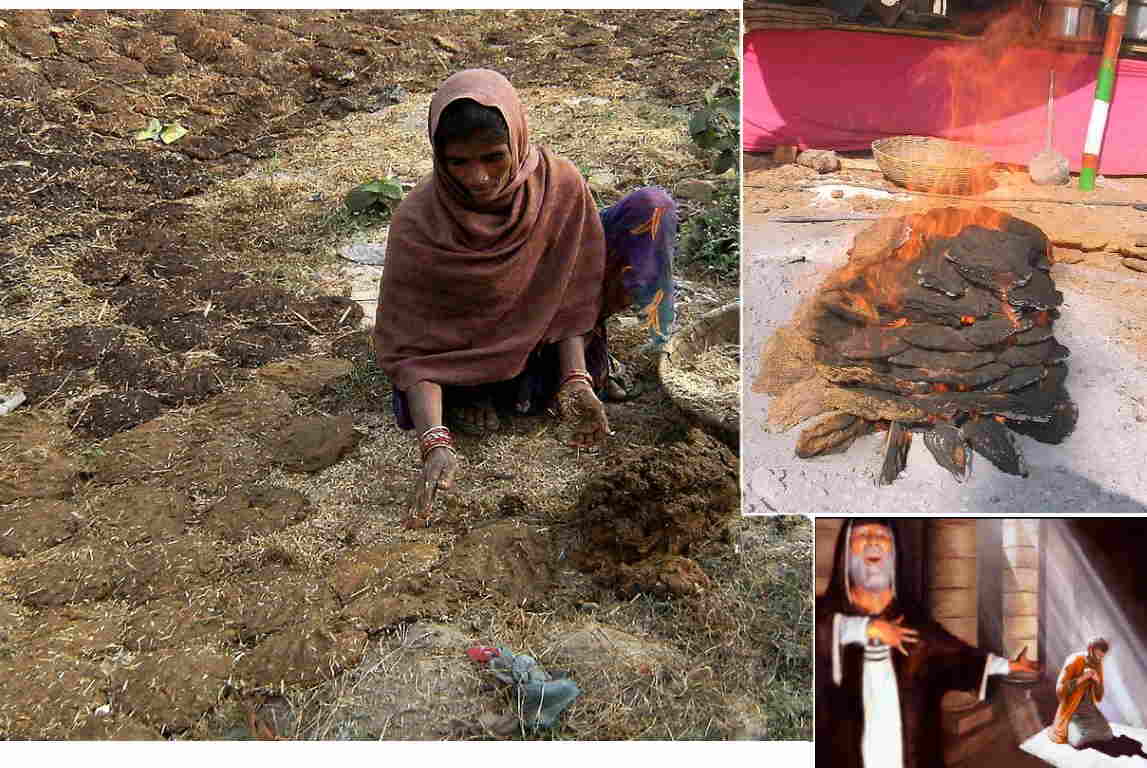 a picture of a woman gathering manure piles, another picture of manure burning, a 3rd picture of a Pharisee and tax collector praying